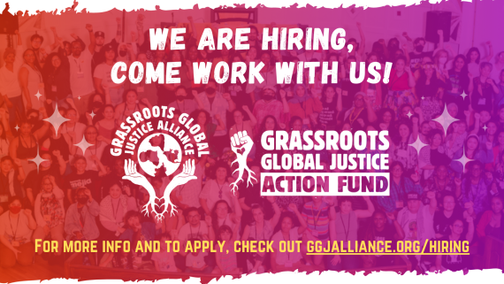 Graphic with a group photo of many people in the background, GGJ and GGJAF logos, and text reading: “We are hiring, come work with us! / For more info and to apply, check out ggjalliance.org/hiring”