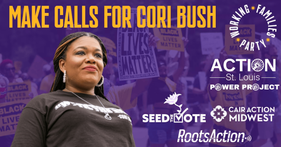 Cori Bush against a purple background with the Working Families Part logo above her head.