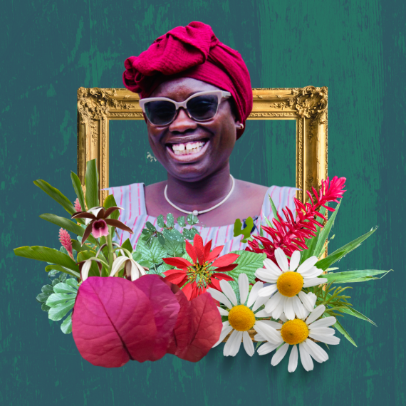 Portrait of Dr. Seydi surrounded by a gold frame and colorful flowers