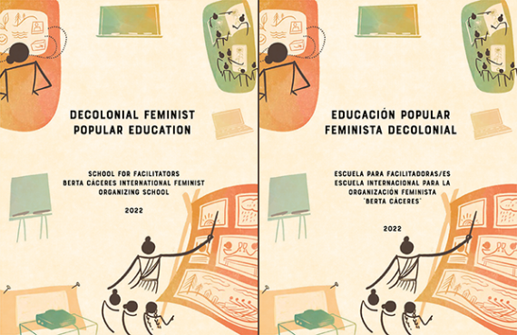 Cover of our Decolonial Feminist Popular Education Guidebook, with illustrations of people learning and teaching