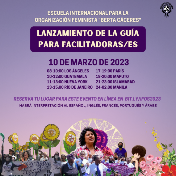 Invitación al lanzamiento de la guía para facilitadores, con todos los usos horarios y un collage de gente y flores.