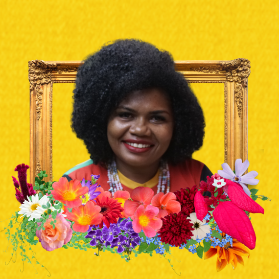 Photo collage of Leidyane in a decorative gold frame surrounded by colorful flowers and leaves
