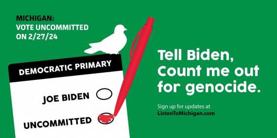 Graphic of a Democratic primary ballot between “Joe Biden” and “Uncommitted,” and a pen filling in the bubble next to “Uncommitted.” 