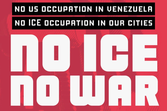 Red and black graphic with white text. Text: No U.S. occupation in Venezuela / No ICE occupation in our cities / NO ICE / NO WAR