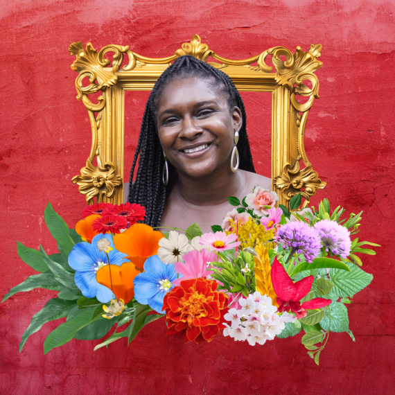 Collage de fotos de Ray'Von en un marco dorado decorativo rodeado de flores y hojas de colores