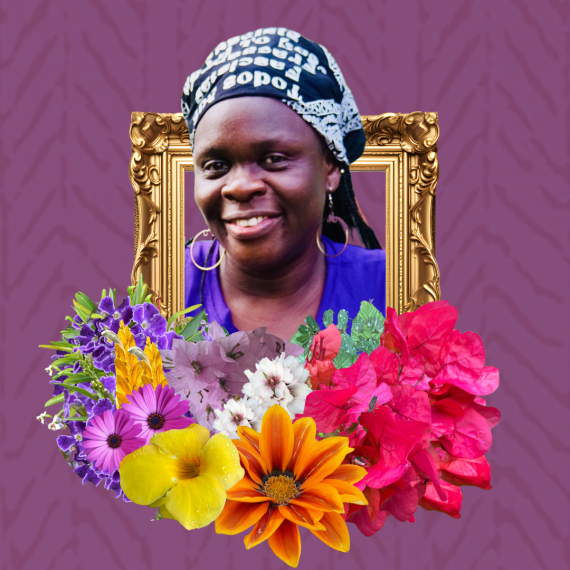 Portrait of Sophie surrounded by a gold frame and colorful flowers