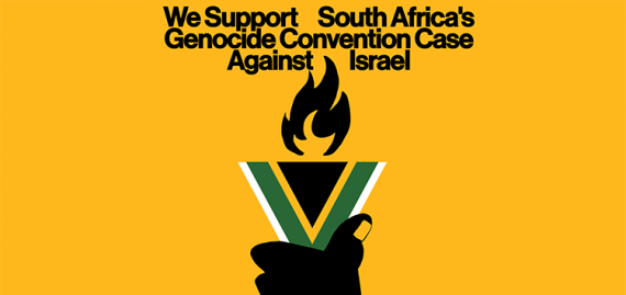 Graphic with black fist holding a green and white torch over yellow background. Text: We Support South Africa's Genocide Convention Case Against Israel